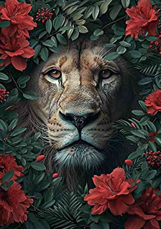 Lions face embraced with red flowers | Poster
