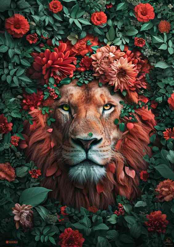 Lions face surrounded by flowers | Di-Bond