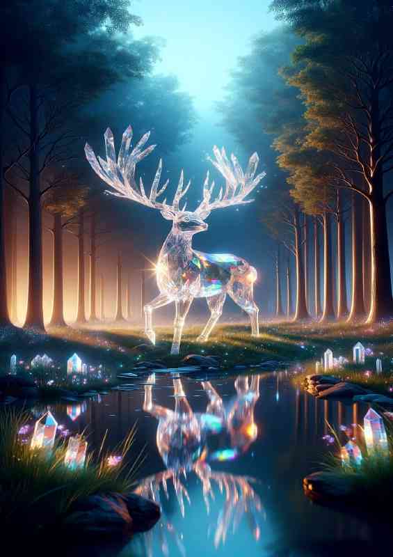 Majestic Deer made of clear quartz crystals in a twilight grove | Canvas