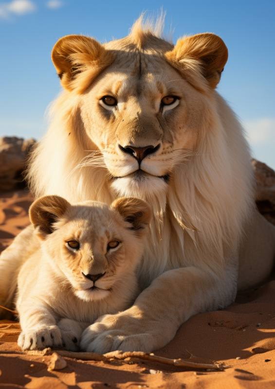Male and female lions lying in the sand | Canvas