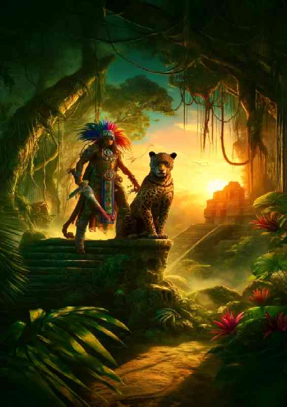 Mayan warrior accompanied by a mystical jaguar | Di-Bond