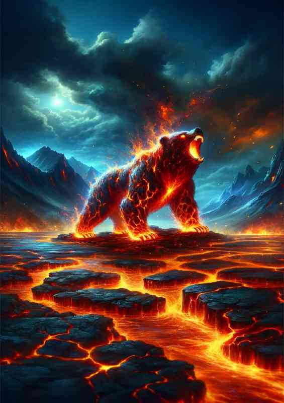 Molten lava Bear roaring in a volcanic landscape | Poster