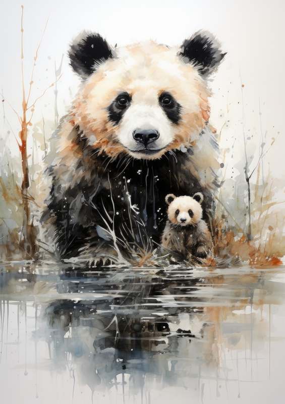 Mumand baby panda by the lake | Canvas
