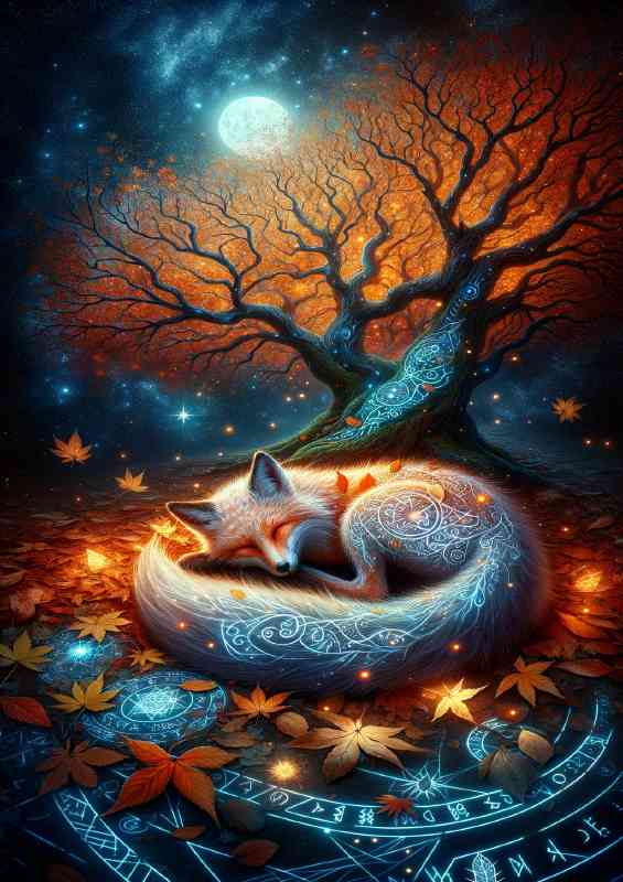Mystical Fox adorned with autumn leaves and glowing runes | Poster