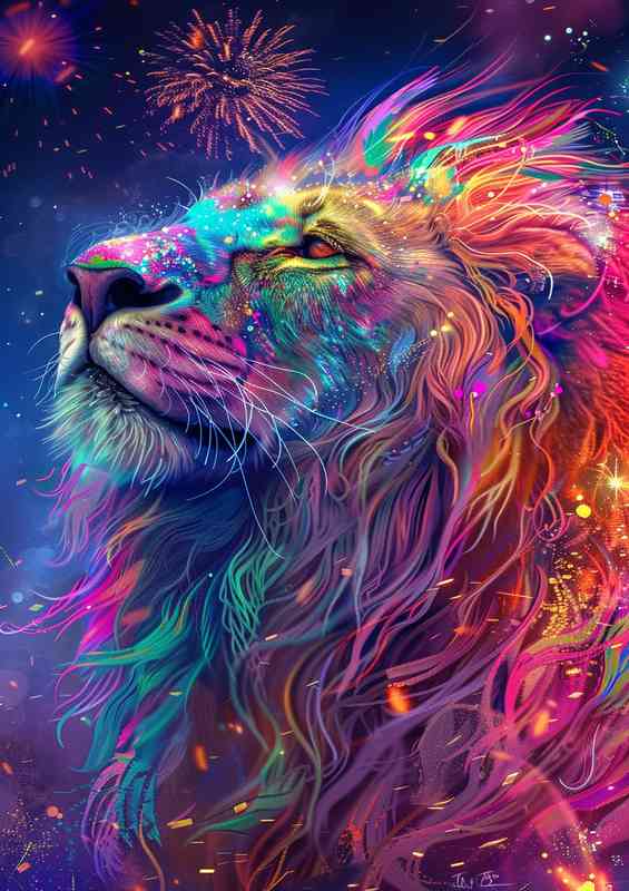 Painted lion looking at night fireworks | Di-Bond