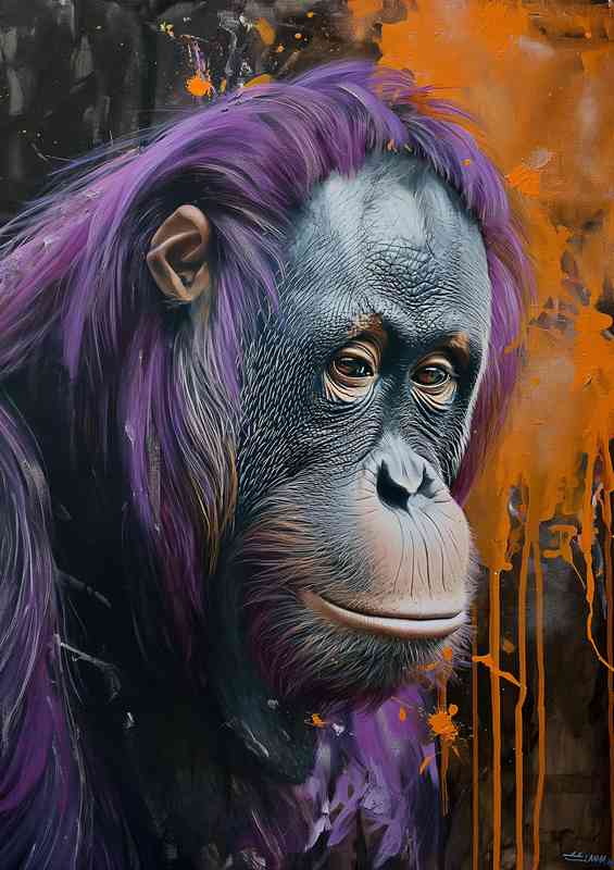 Painting is of an orangutan in purple | Metal Poster
