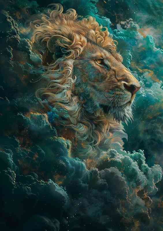 Painting of a lion surrounded by blue and cloudy | Metal Poster