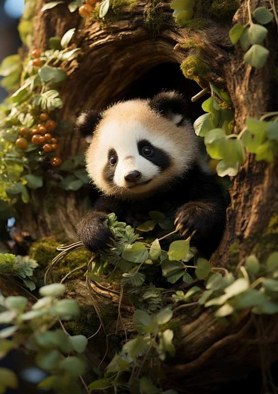 Panda Bear Cubby is hanging in a tree branch | Canvas