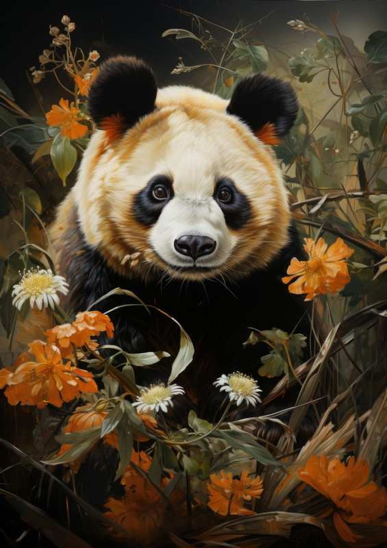 Panda surrounded by orange flowers | Canvas