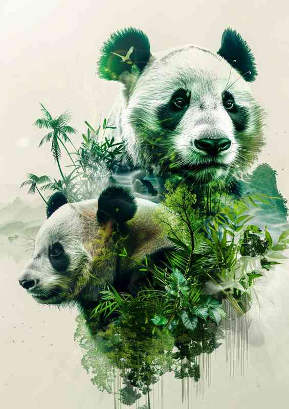 Pandas in jungle double exposure | Metal Poster