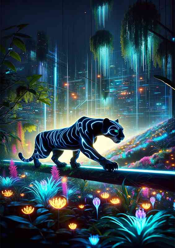 Panther with bioluminescent stripes prowling neon jungle | Poster