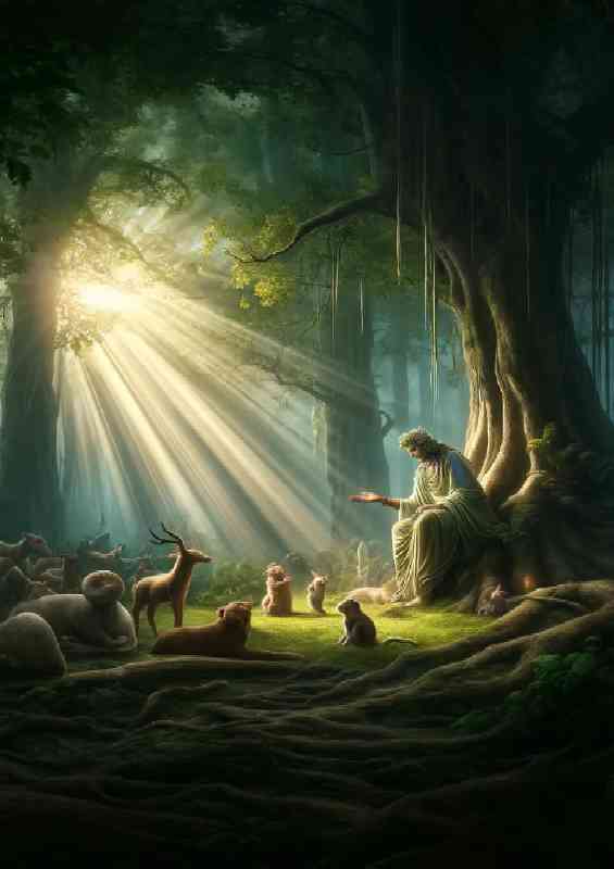 Peaceful interaction between divine beings and animals | Metal Poster