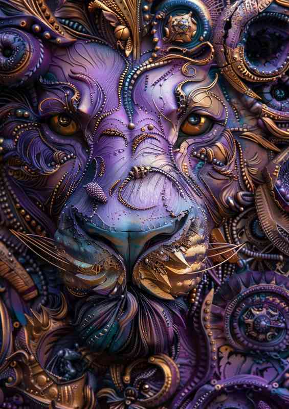 Purple and gold lion art | Metal Poster