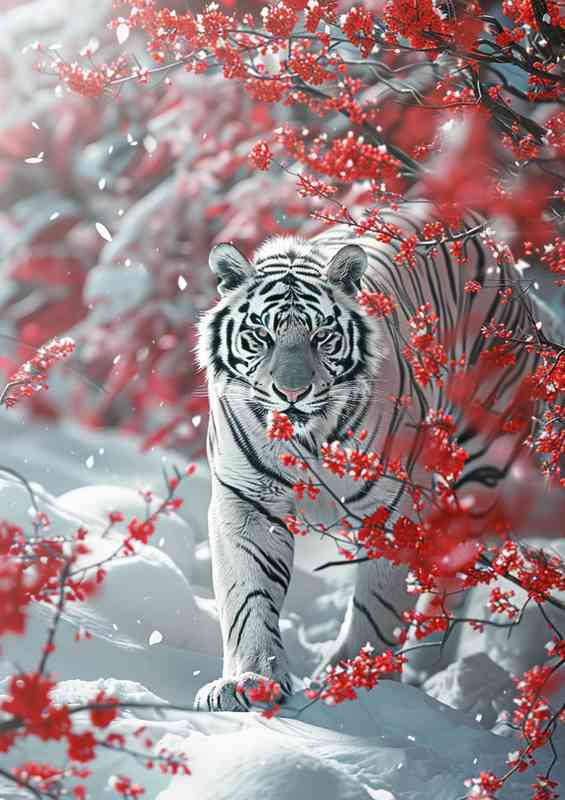 Red Blossom tree with a white Tiger | Poster