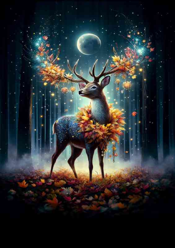 Regal Deer adorned with a garland of autumn leaves and starlight | Metal Poster