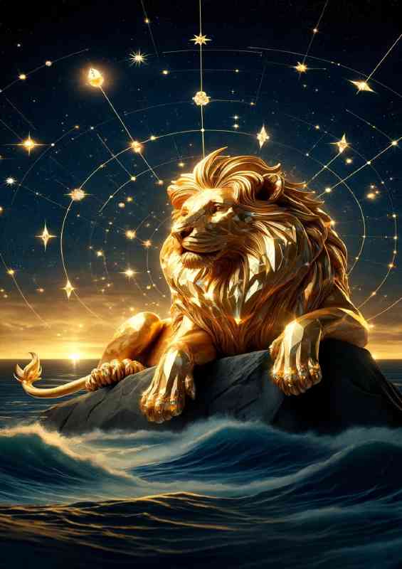 Regal Lion crafted from golden lounging under a starry night sky | Metal Poster