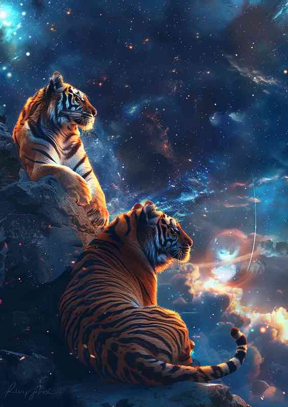 Siberian Tigers gazing at the stars | Metal Poster