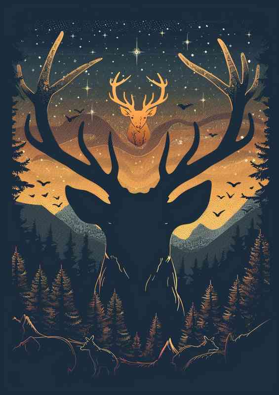 Silhouette of deer with antlers made from trees night | Poster