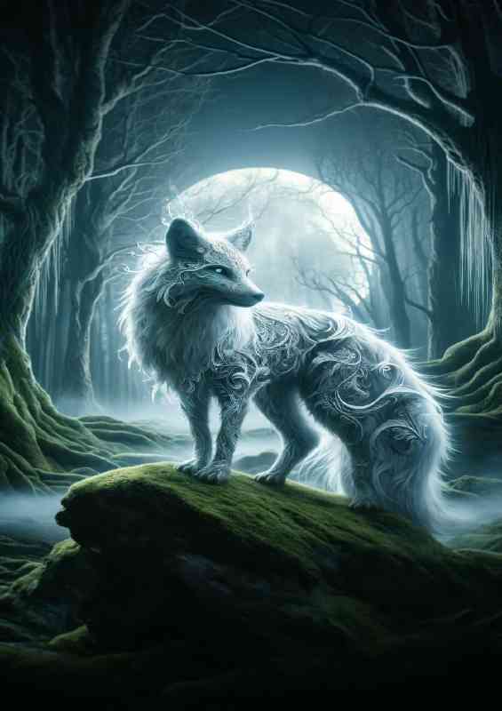 Silver fox with intricate fur patterns glowing softly in a moonlit forest | Metal Poster