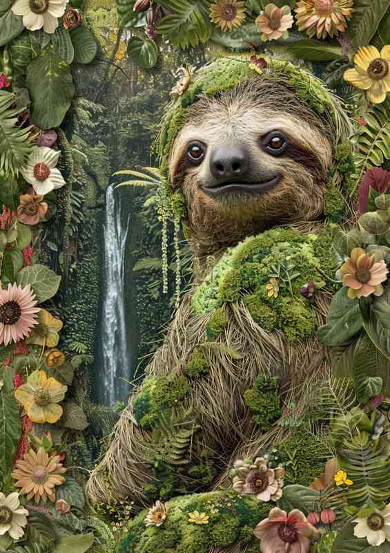 Sloth collage made of foliage flowers and waterfalls | Canvas