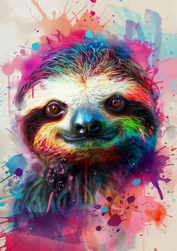 Sloth heas with colour paint splashes | Poster