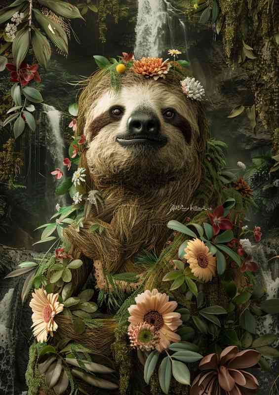 Sloth surrounded by flowers and foliage | Canvas