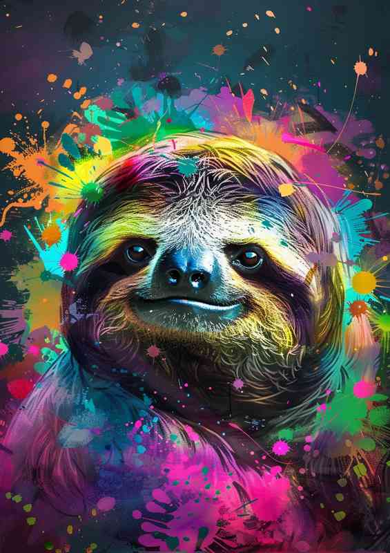 Sloth with black and colourful paint splashes | Metal Poster