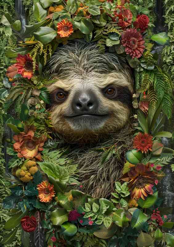 Sloths face with flowers and foliage | Poster
