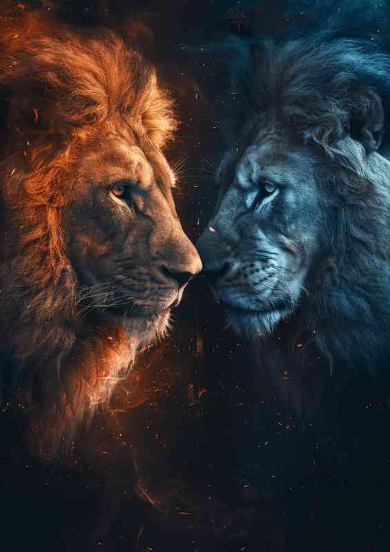 The blue and orange Lions facing each others | Metal Poster