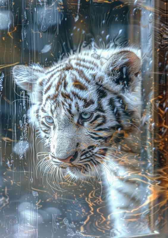 The white tiger cub is seen behind a window | Metal Poster