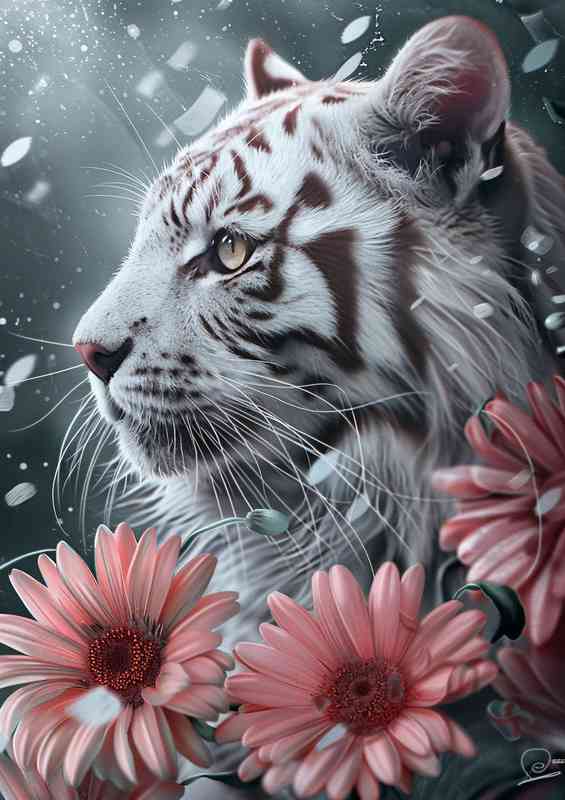 Tiger White cat pink flowers | Di-Bond