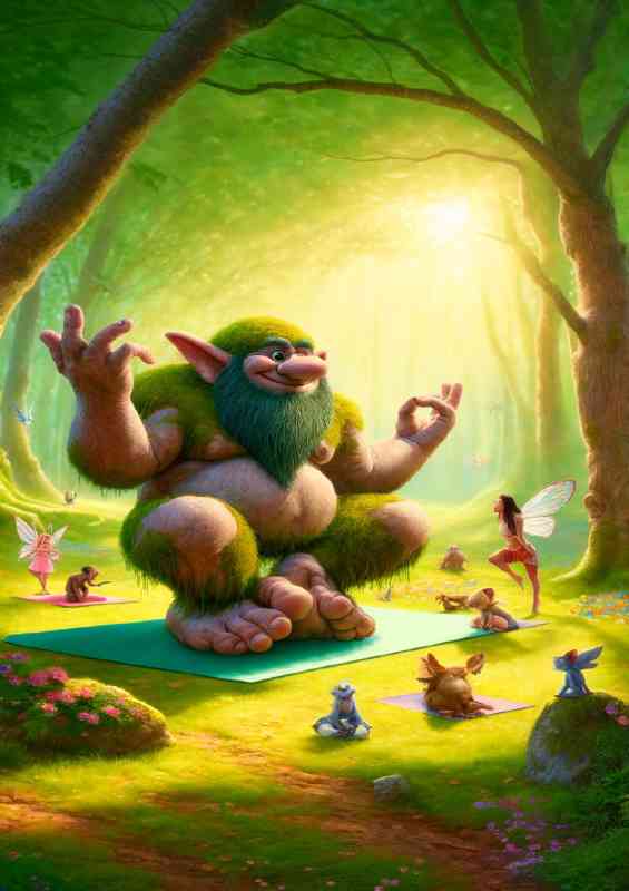 Troll humorously taking a yoga class in a peaceful park setting | Poster