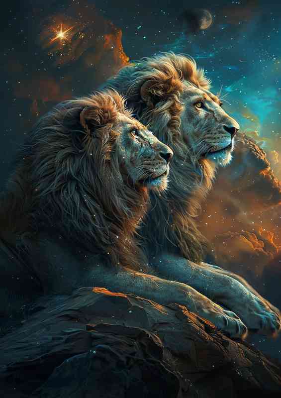 Two Lions looking at stars | Poster