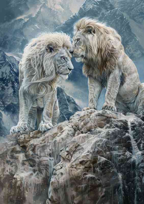 Two lions facing each other on a rocky mountaintop | Poster