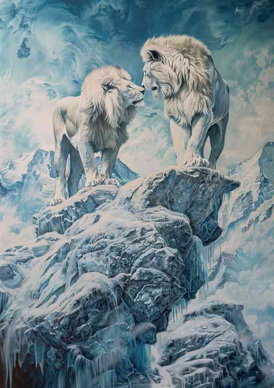 Two lions facing on a mountaintop | Canvas
