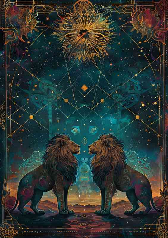 Two lions standing in front of a starry sky | Metal Poster