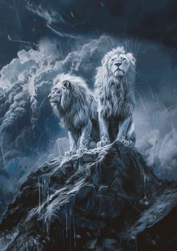 Two white lions standing on a rock | Poster
