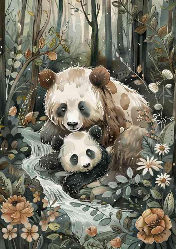 Watercolour panda and mum in the woods | Poster