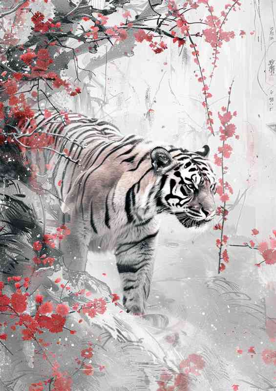 White Tiger surrounded by blossom trees | Metal Poster