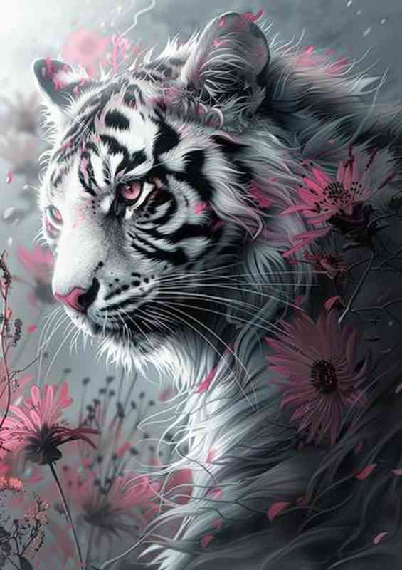 White cat pink flower Tiger | Metal Poster