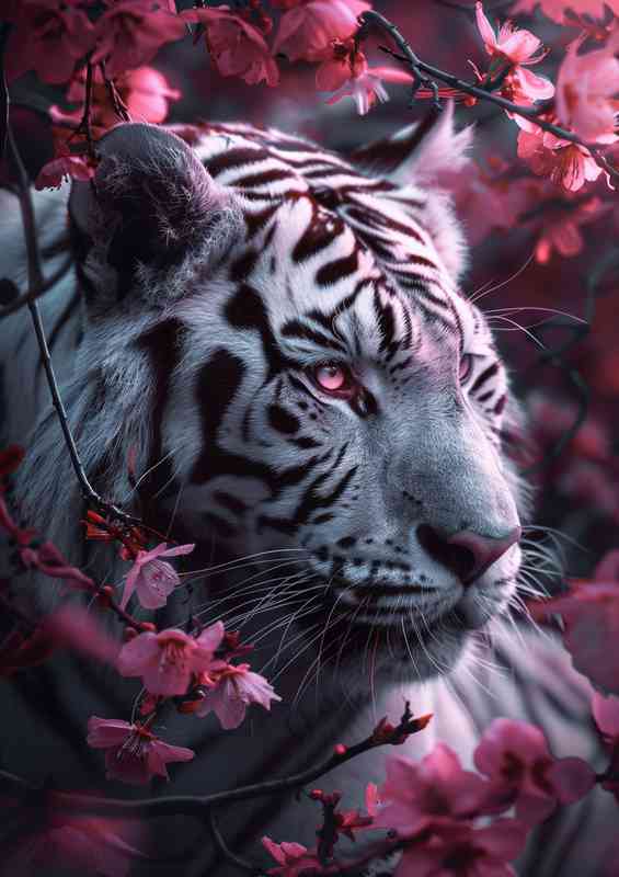 White tiger with pink flowers | Canvas