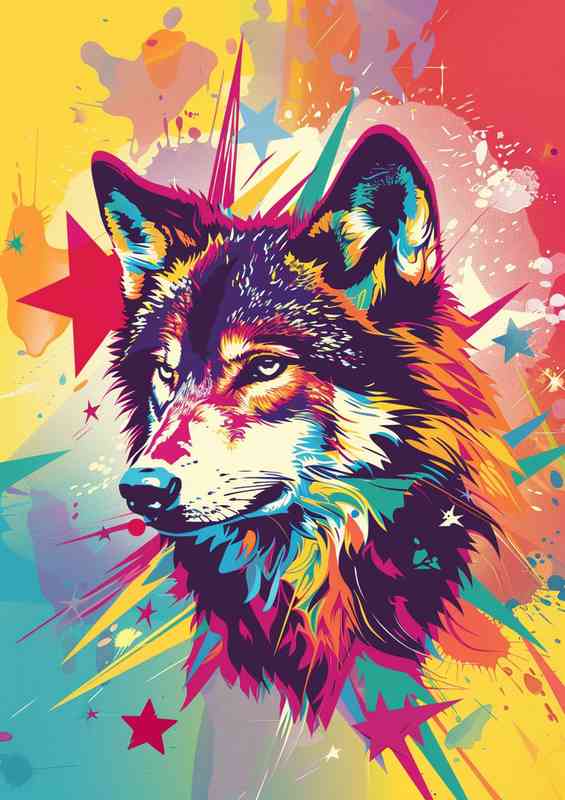 Wolf head with colorful stars | Di-Bond