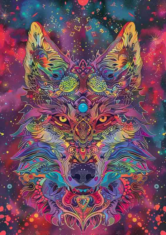 Wolf head with colourful stars | Poster