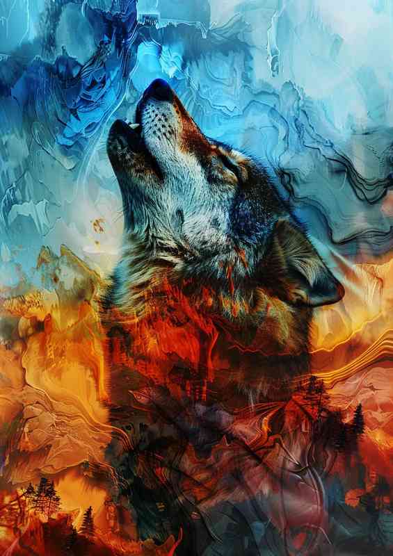 Wolf howling orange and blue tones | Di-Bond