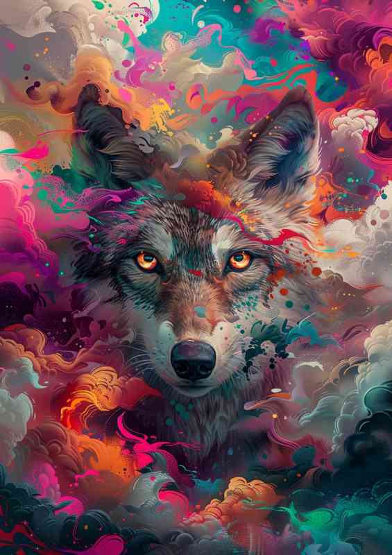 Wolf with big eyes and colourful clouds | Canvas