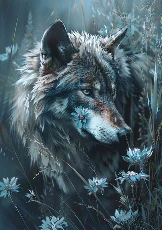 Wolf with flowers | Metal Poster
