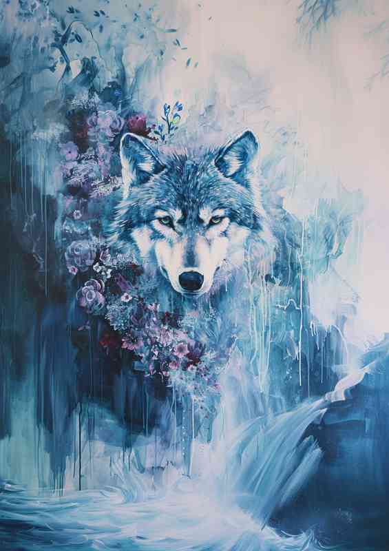 Wolf with flowers in a waterfall | Di-Bond