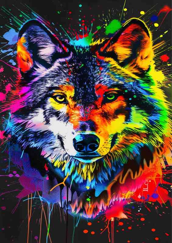Wolfs head with paint splashes | Di-Bond