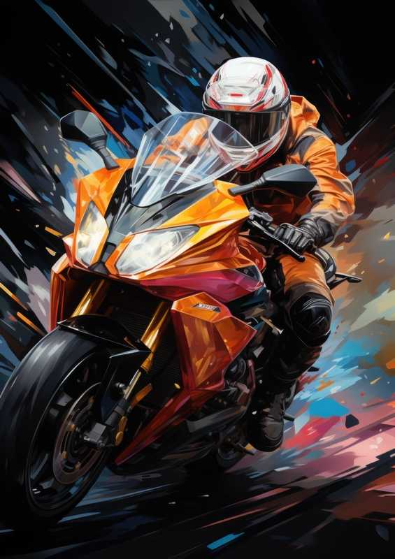 Painted style race bike on the road | Metal Poster