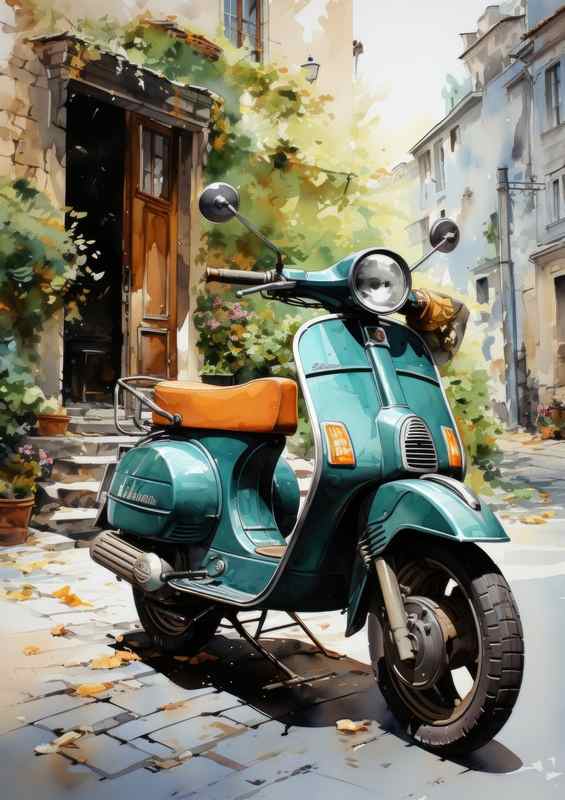 Teal Blue Lambretta in watercolour style | Metal Poster